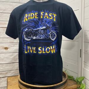 Ride Fast Live Slow Motorcycle Lightning TShirt Bike Biker Cycle Wheels Tires XL